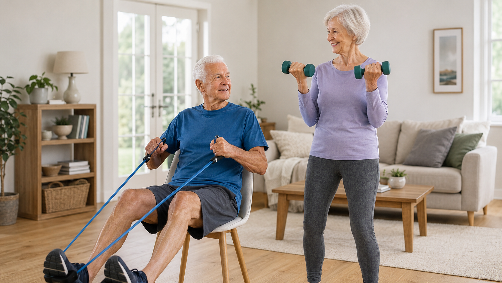 Older adults doing strength exercises at home