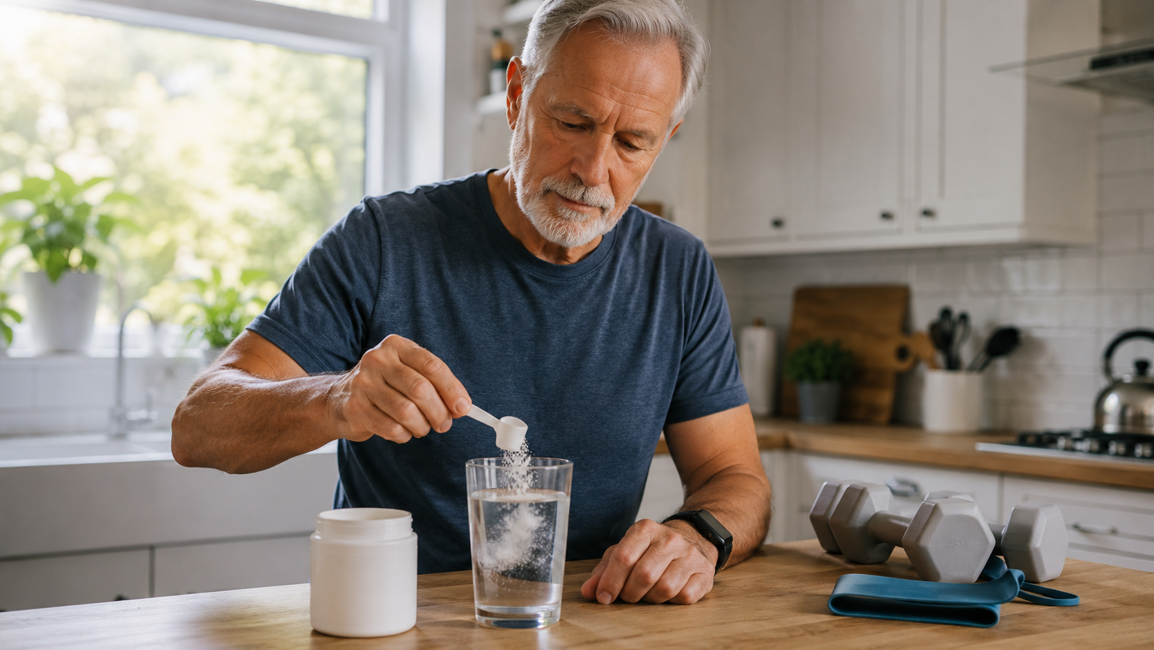 Older adult mixing creatine with water before strength exercise