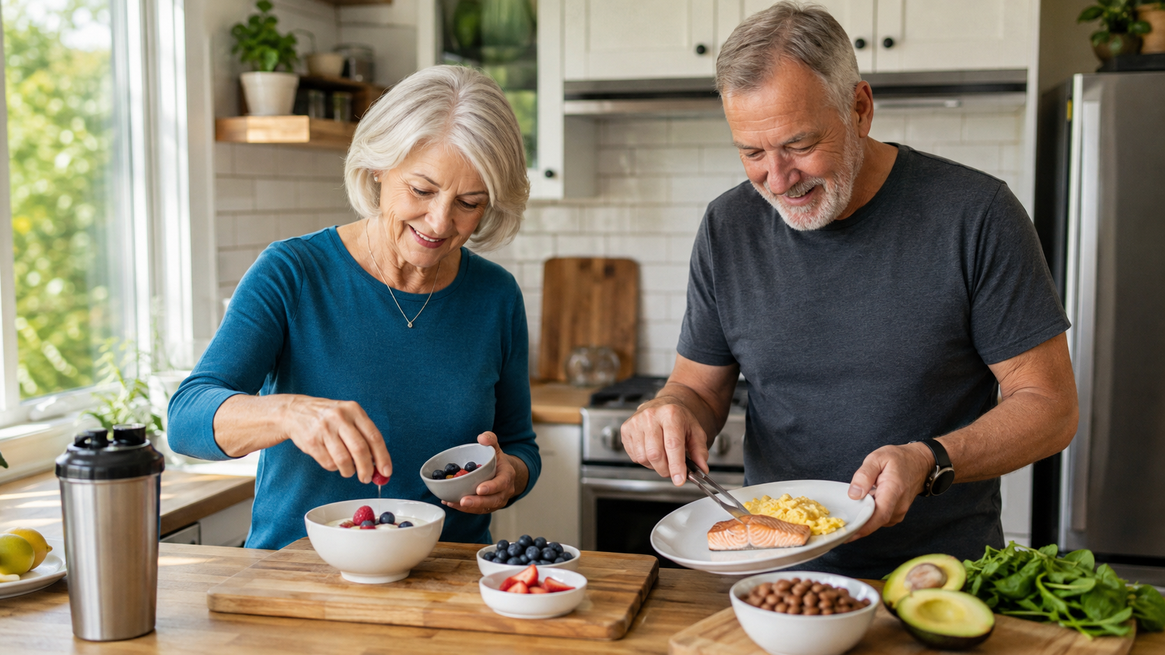 Older adults preparing protein-rich foods in a home kitchen