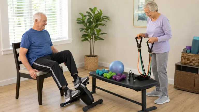 Older man and woman comparing home strength-training equipment