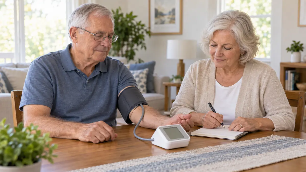Older man and woman taking a home blood pressure reading