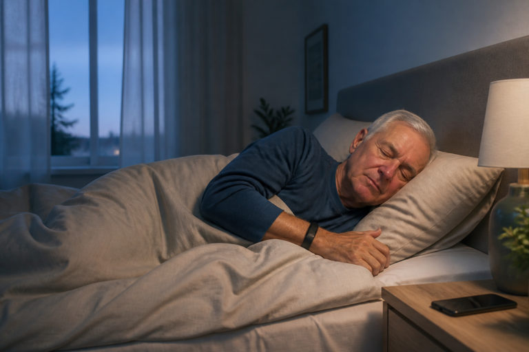 Older man sleeping comfortably while wearing a sleep-tracking wristband