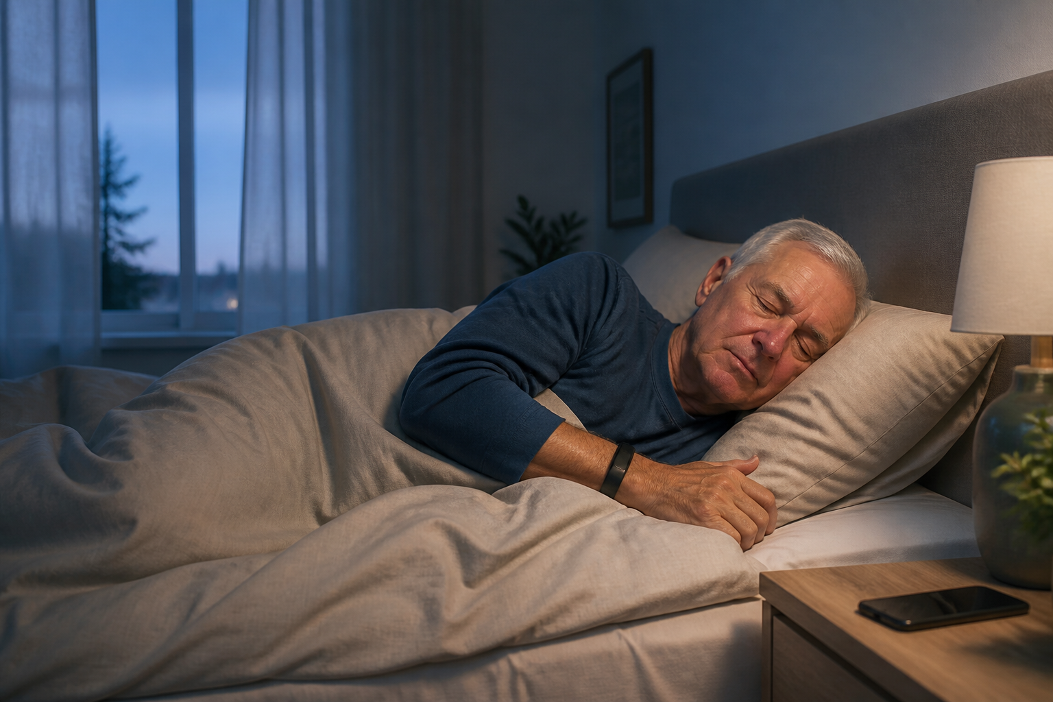 Older man sleeping comfortably while wearing a sleep-tracking wristband