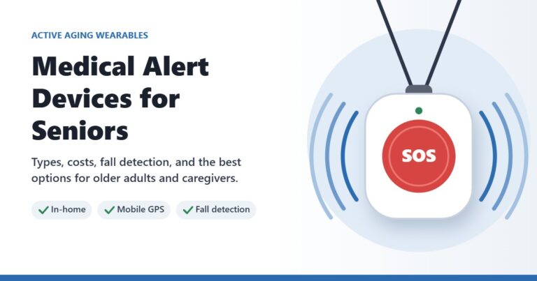 Illustration of a medical alert pendant with a red SOS button for seniors
