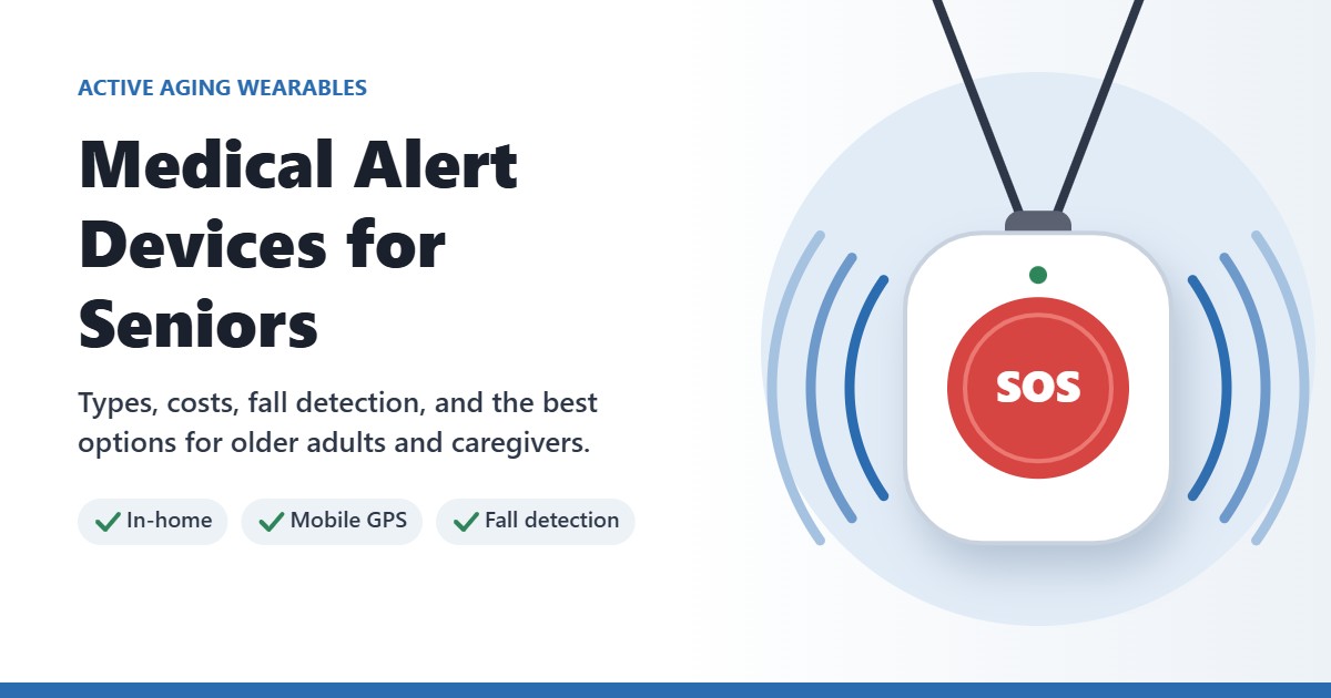 Illustration of a medical alert pendant with a red SOS button for seniors